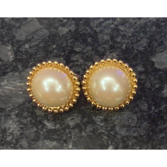 Vintage Monet Gold-Tone Clip-On Earrings With Faux Pearl Center & Beaded Trim - Picture 4 of 8